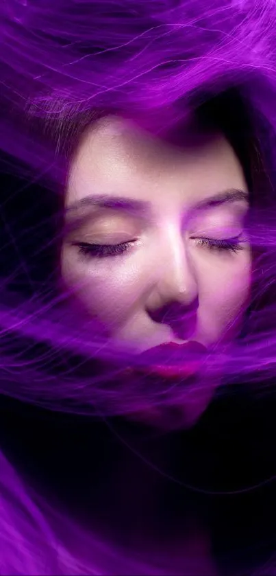 Face surrounded by purple neon swirls, creating a dreamy wallpaper.