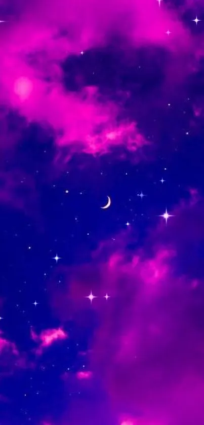 Vibrant purple night sky with crescent moon and glowing clouds.