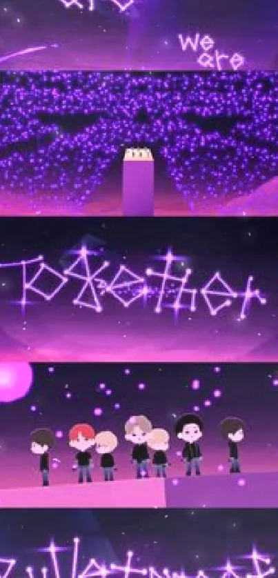 Animated purple night wallpaper with glowing text and figures.