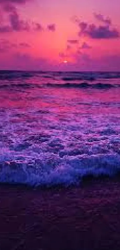 Purple ocean sunset with vibrant sky and waves, perfect for mobile wallpaper.