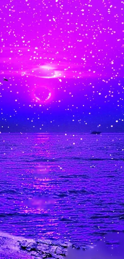 Vibrant purple ocean wallpaper with sparkling twilight sky and sea.