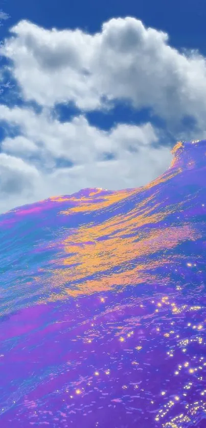 Vibrant purple wave under a bright blue sky with clouds.