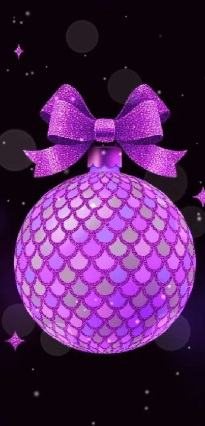 Purple wallpaper with glittery ornament and bow design.