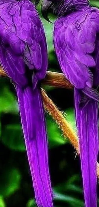 Vibrant purple parrots perched on a branch in nature.