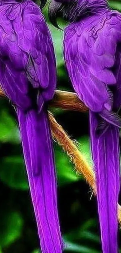 Purple parrots perched on a branch.