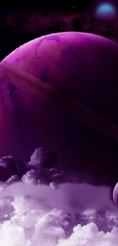 Vibrant purple planet with clouds and stars in space.