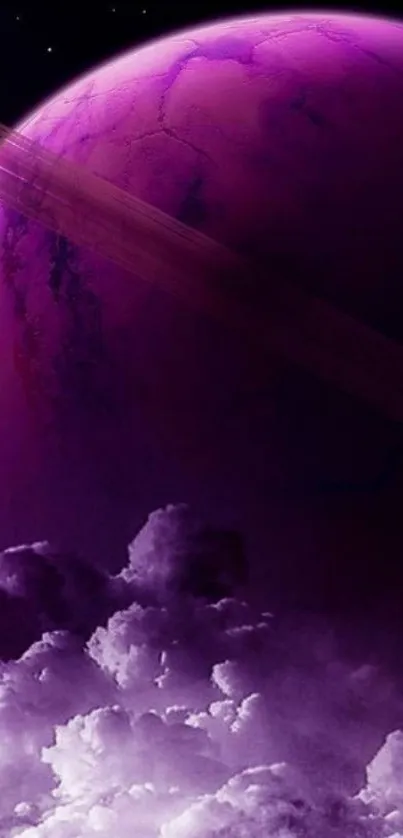 Vibrant purple planet with cosmic clouds.