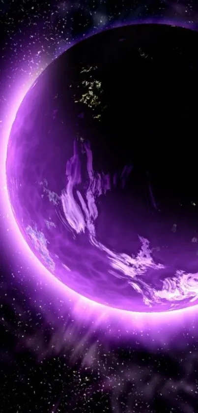 Purple planet with a radiant glow in a cosmic background.