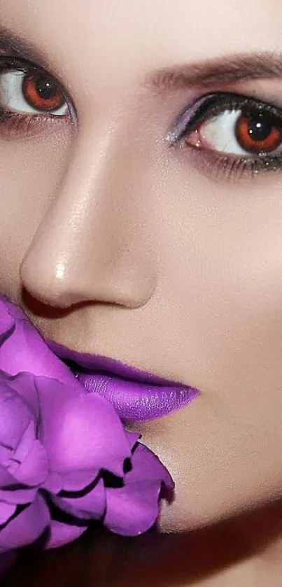 Close-up portrait with purple flower accents.