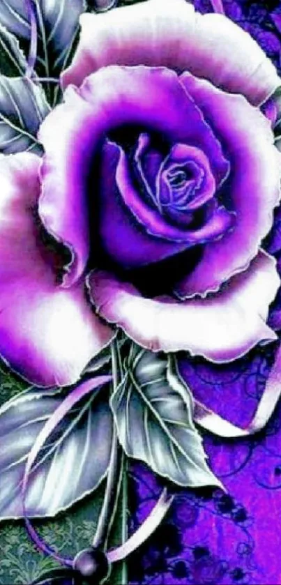 Vibrant purple rose with detailed leaves on artistic wallpaper.