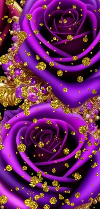 Elegant purple roses with golden accents on a phone wallpaper.