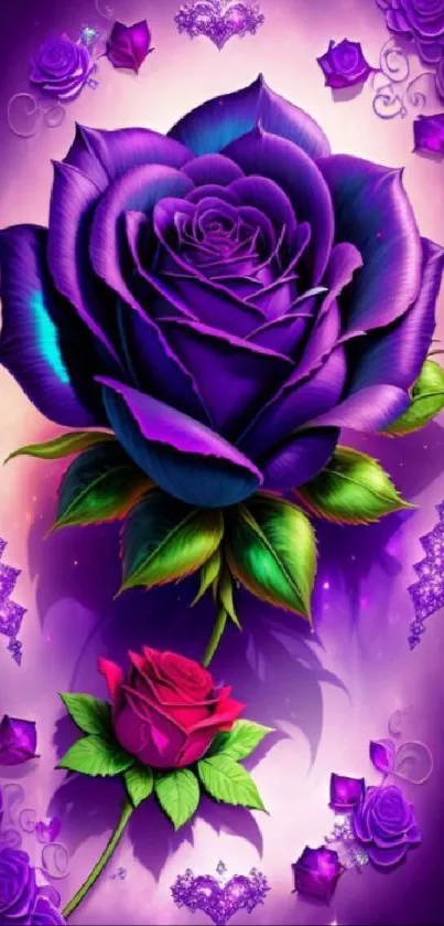 Vibrant purple roses with artistic design on wallpaper