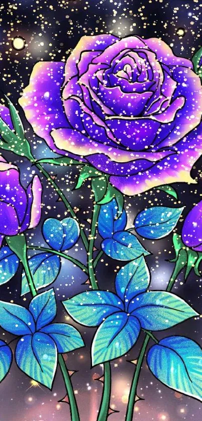 Vibrant purple rose art wallpaper with glowing accents and colorful leaves.