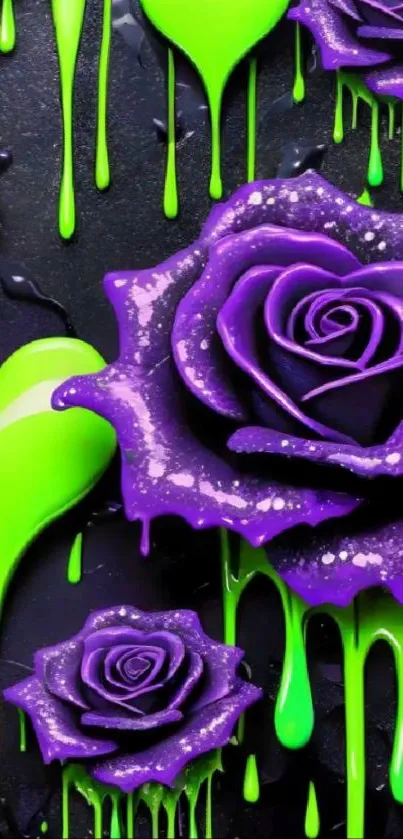 Purple roses with neon green drips design wallpaper.