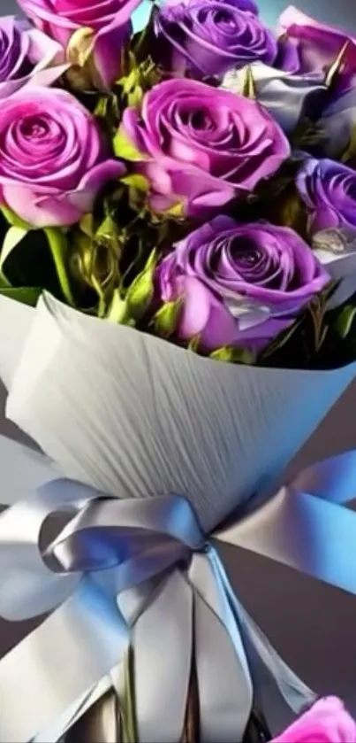 Bouquet of vibrant purple roses tied with a silver ribbon.