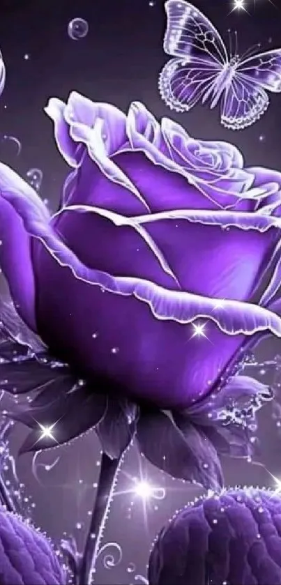 Purple rose wallpaper with butterfly in fantasy style.