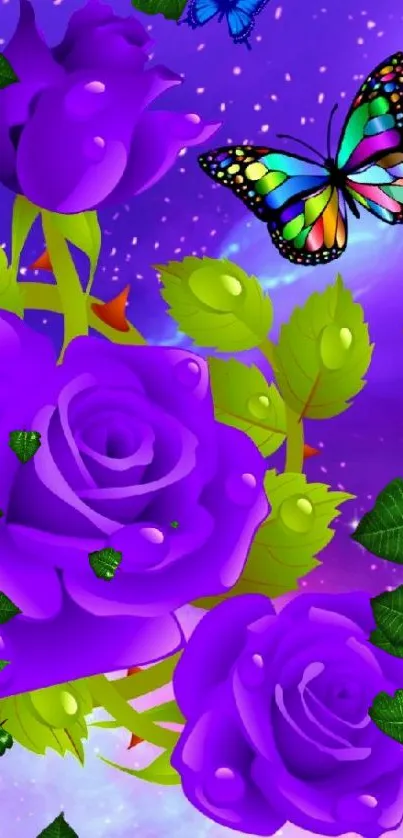 Purple roses with butterfly on cosmic background.