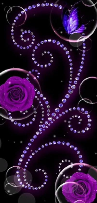 Stylish wallpaper with purple rose and butterfly on dark background.