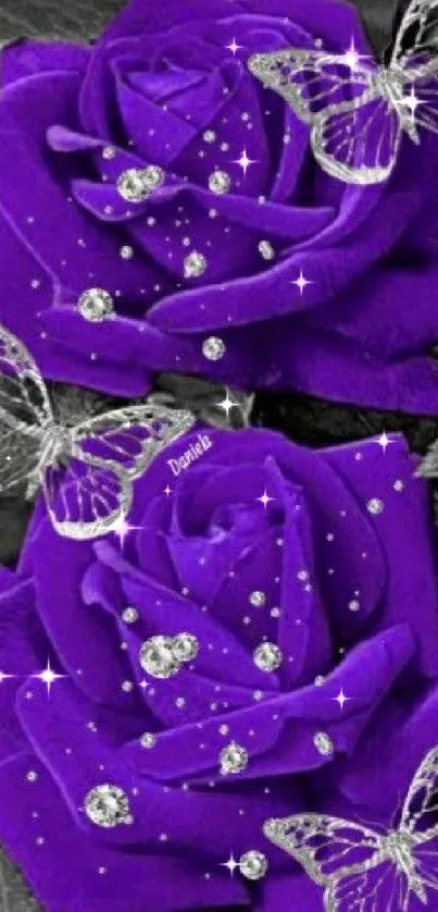 Purple roses with butterflies wallpaper design.