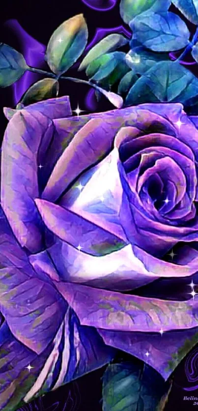 Artistic purple rose with vivid colors and detailed petals against a dark background.