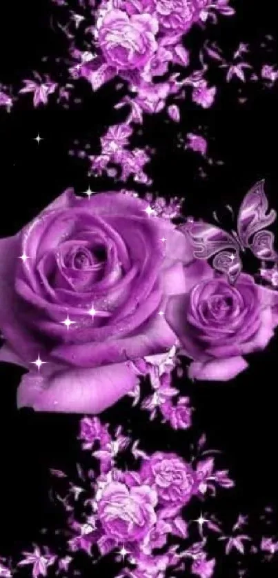 Purple roses and butterfly on dark background wallpaper.