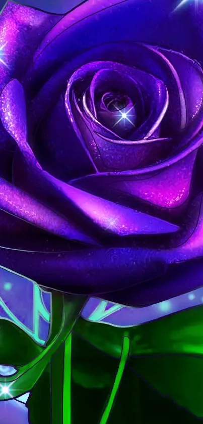 Vibrant purple rose with glowing sparkles.