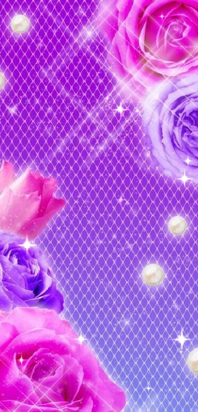 Vibrant purple rose wallpaper with pearls and a mesh pattern.