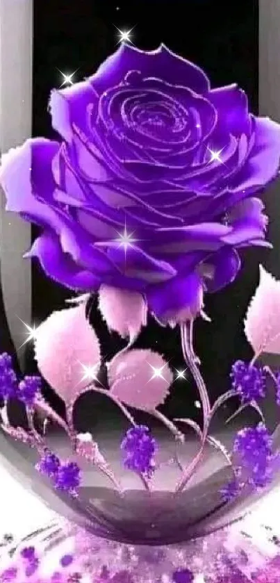 Purple rose inside a glass vase with artistic design, perfect for wallpaper.