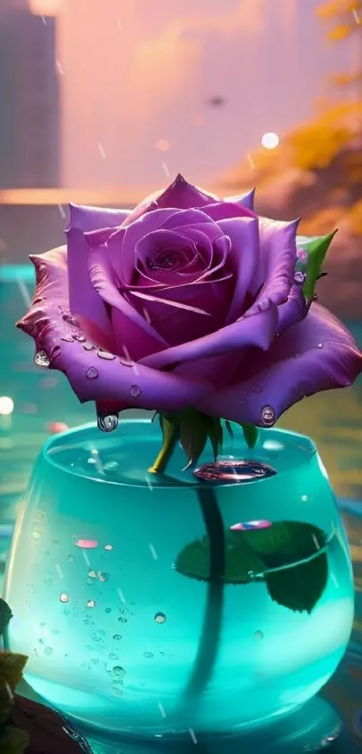 Vibrant mobile wallpaper featuring a purple rose in a glass vase on water.