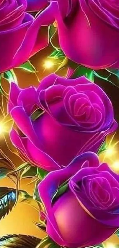 Mobile wallpaper featuring vibrant purple roses and glowing accents.