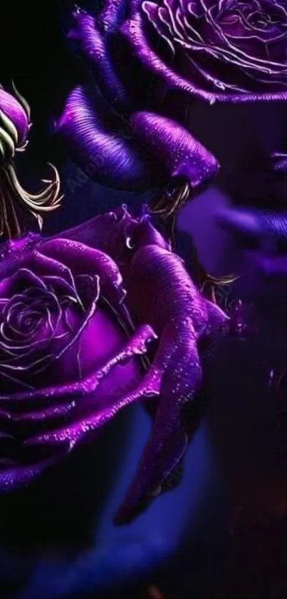 Vibrant purple roses with dark background.