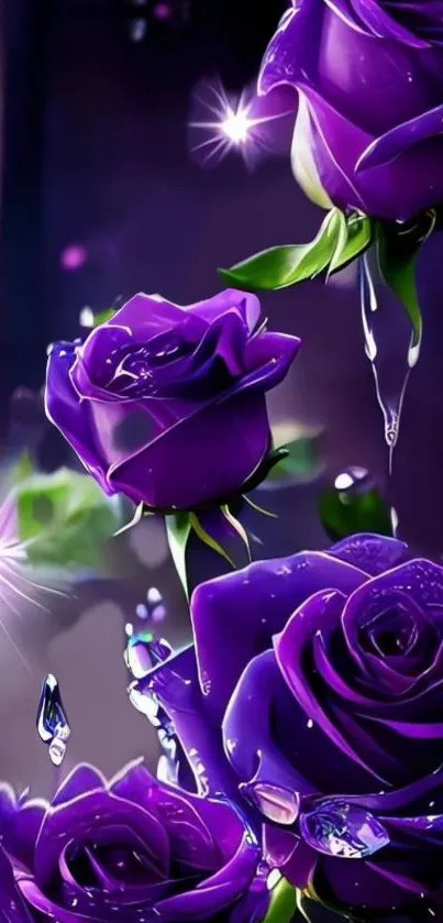 Elegant mobile wallpaper featuring vibrant purple roses with dew droplets.