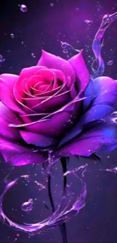 Vibrant purple rose with artistic swirls on a dark background.