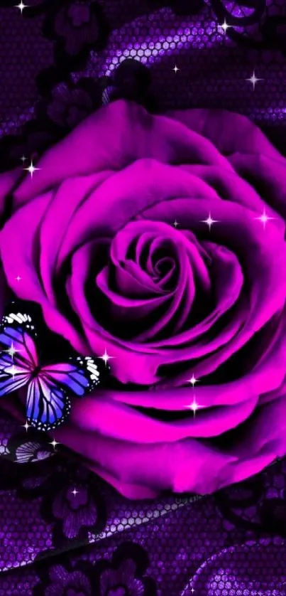 Purple rose and butterfly wallpaper with floral details.