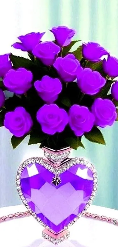 Purple roses in a heart-shaped vase wallpaper, elegant floral design.