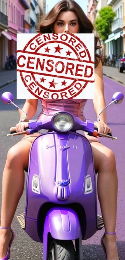 Woman on purple scooter in vibrant city street wallpaper.