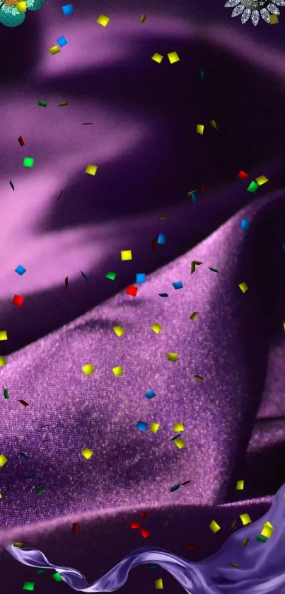 Purple silk with colorful confetti design.