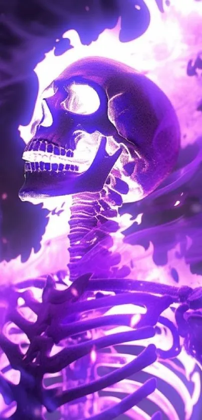 Vibrant purple skeleton amidst glowing flames for phone wallpaper.