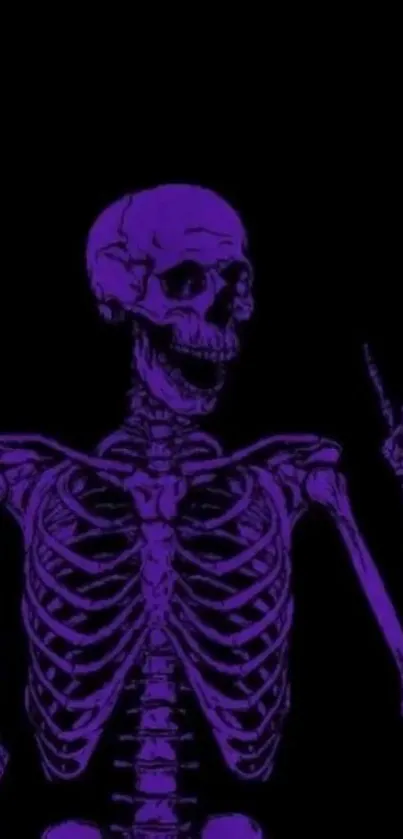 Purple skeleton on black background with gothic design.