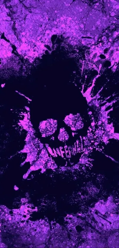 Vibrant purple skull design with splatter effects.