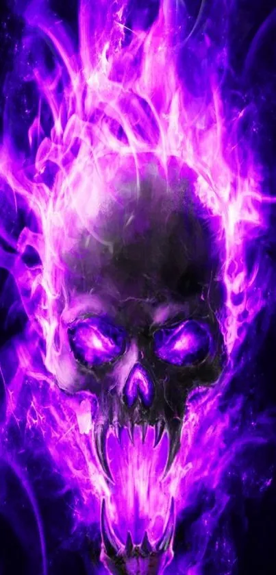 Vibrant purple skull with fiery flames wallpaper.