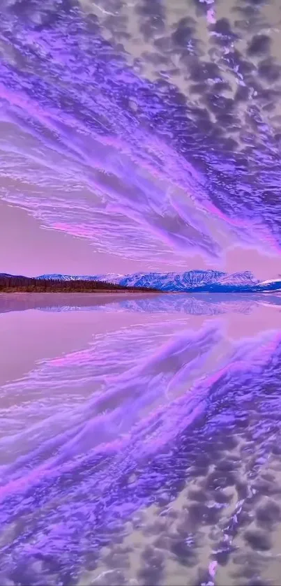 Vibrant purple sky reflecting on water with mountains and clouds.