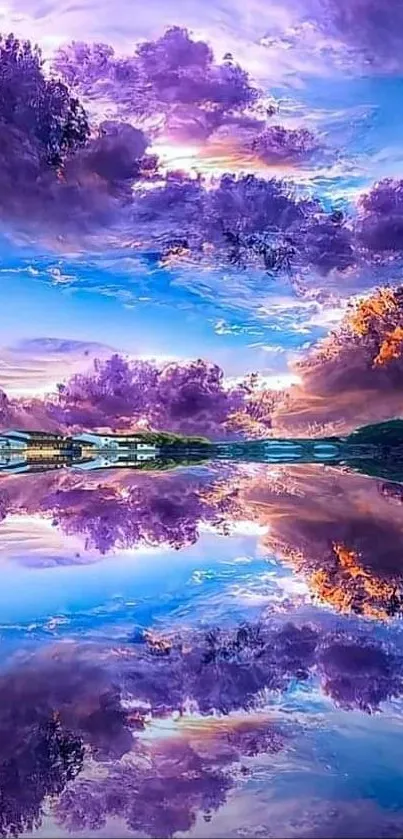 Purple sky reflected on water with vibrant clouds.