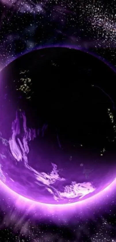 Purple space planet mobile wallpaper with cosmic background.