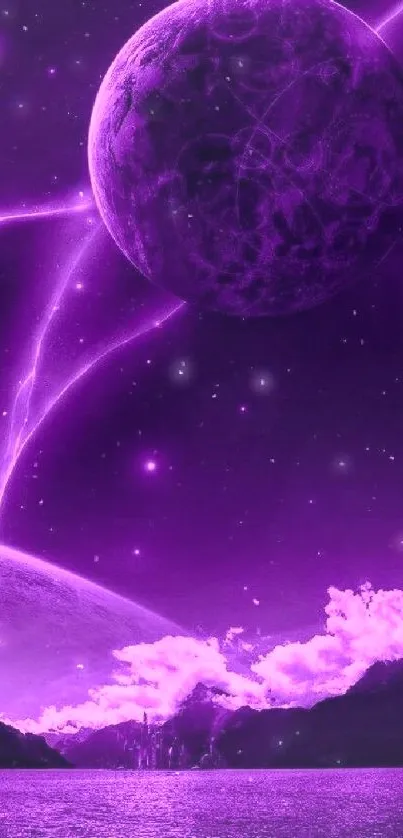 Mobile wallpaper of a vivid purple space scene with planets and stars.