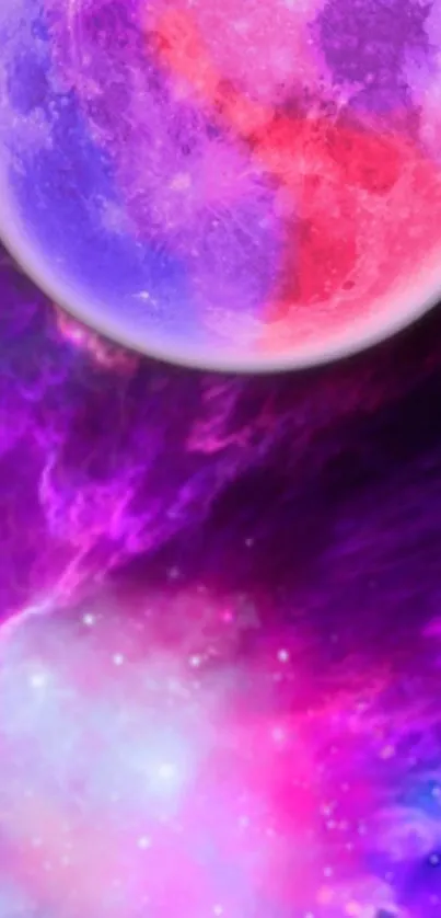 Vibrant purple space wallpaper with moon and nebula.