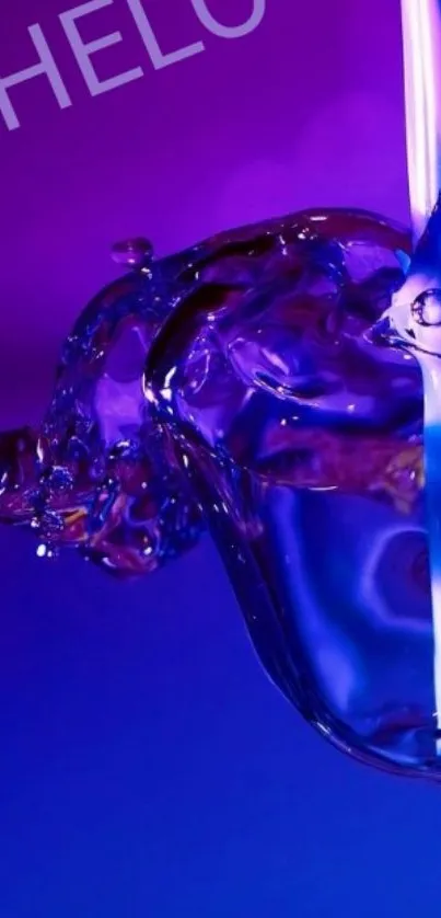 Purple fluid splash on a vibrant wallpaper background.