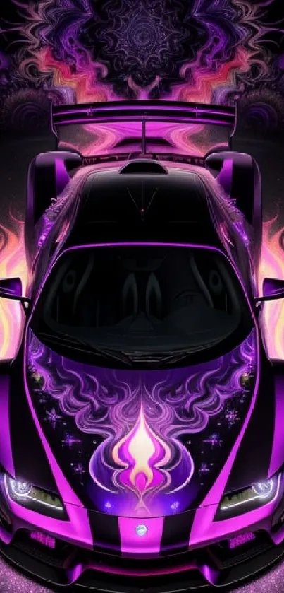 Purple sports car with vibrant flames and intricate designs on a dark background.