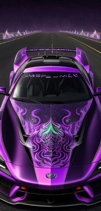 Purple sports car on an open road wallpaper, dynamic and vibrant design.