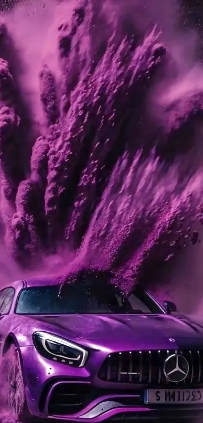 Vibrant purple explosion surrounding a luxurious car in motion.